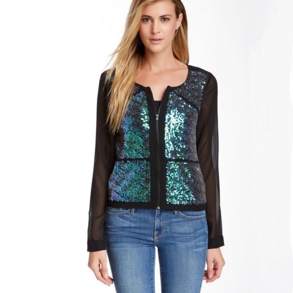 BCBG Mermaid Sequin Sheer Zip Front Bomber Jacket